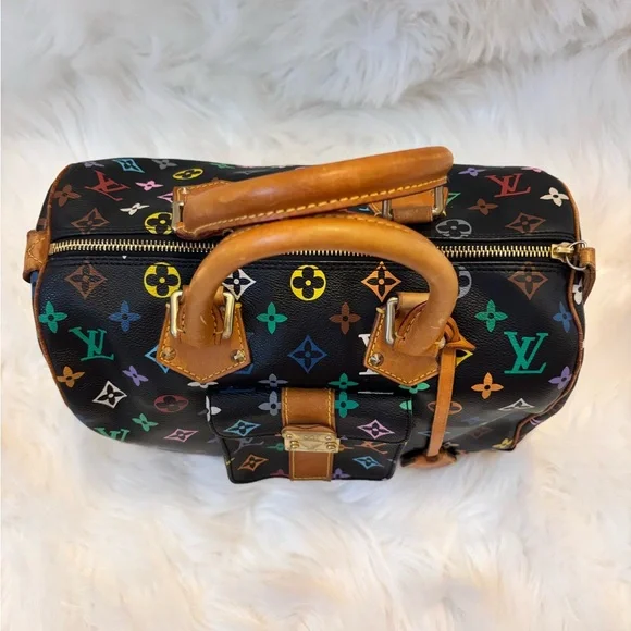 Louis Vuitton Black Multicolor Monogram Speedy Satchel with Tan Leather - Picture 3 of 17